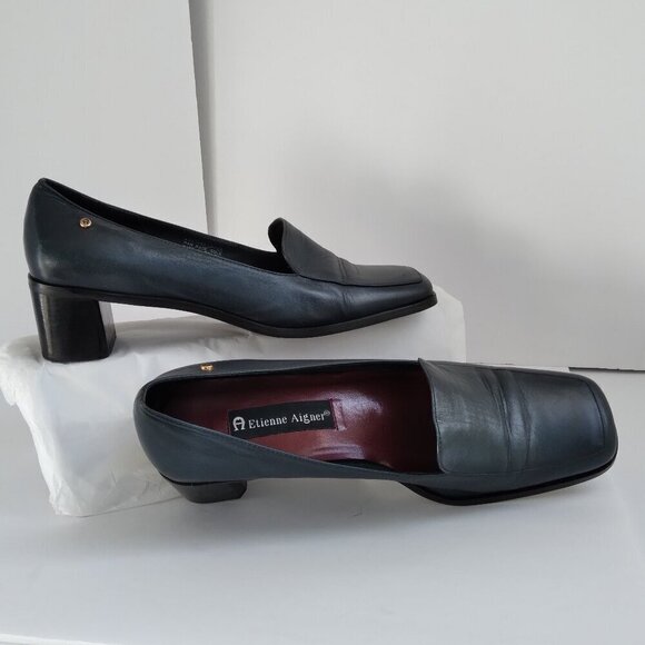 Stylish 90's Navy Leather 'Status' Slip On Square Toe Block Heel Shoes Sz 8.5 - Picture 2 of 10